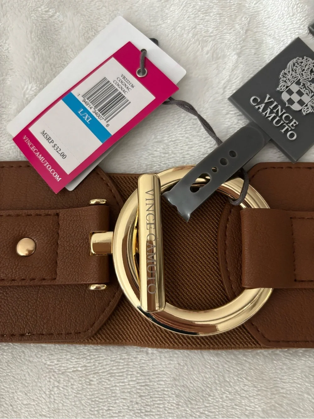 Vince Camuto Tan Wide Elastic Belt with Gold Ring Buckle
